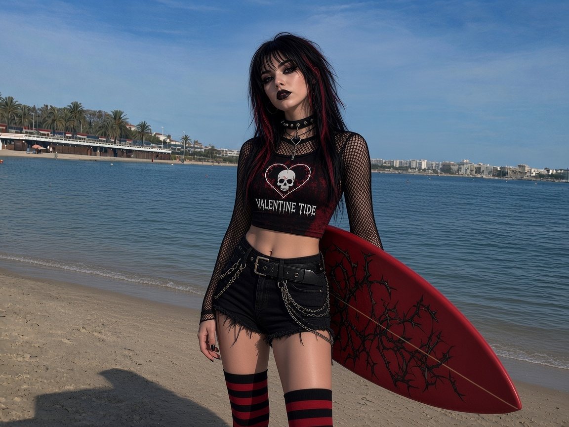 A goth surfer in a skull and heart crop top holding a red surfboard on the beach