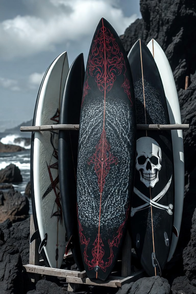 Black and white surfboards with red filigree and a skull and crossbones, racked on black volcanic rock by the sea