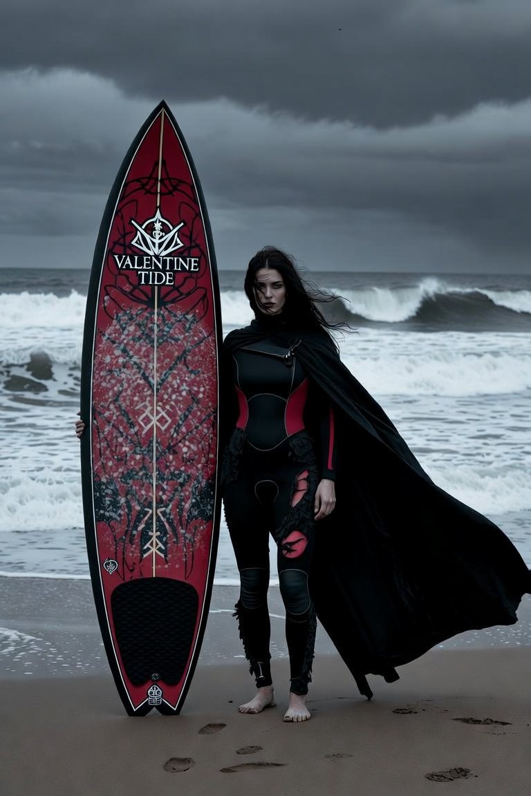 A surfer in a black wetsuit and cape beside a red Valentine Tide board on a stormy beach