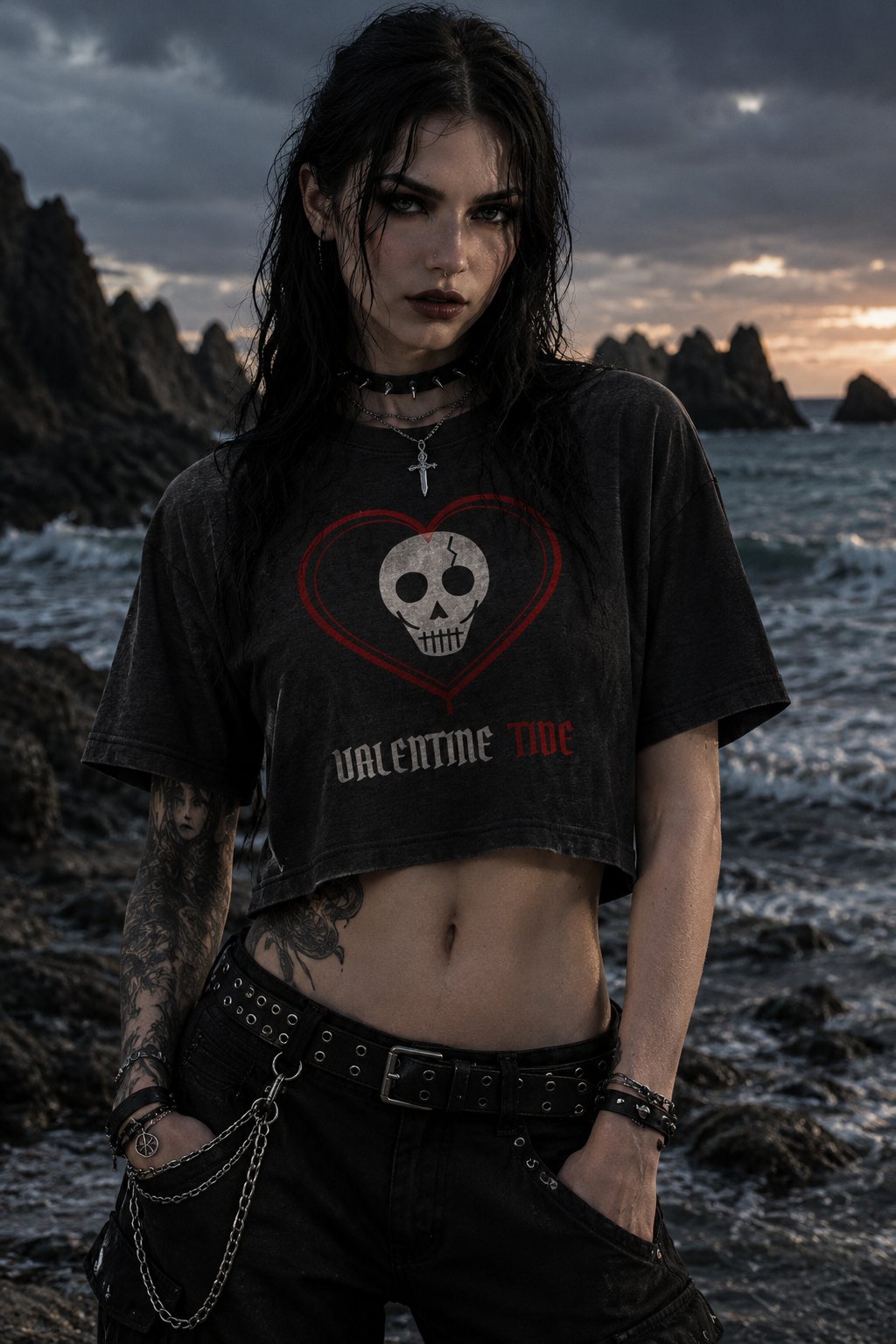 A goth surfer in the Heartbreak Crop Tee on a dark rocky shore at dusk