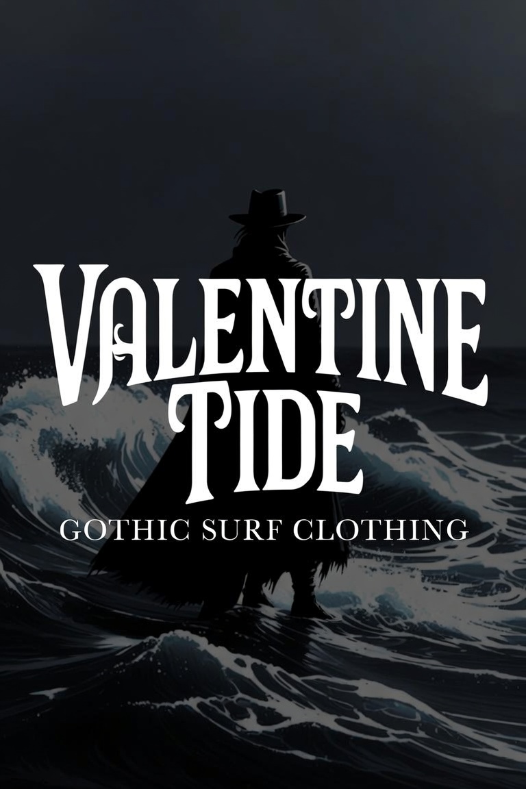 Valentine Tide, gothic surf clothing: a cloaked figure in a wide brim hat standing in crashing night waves