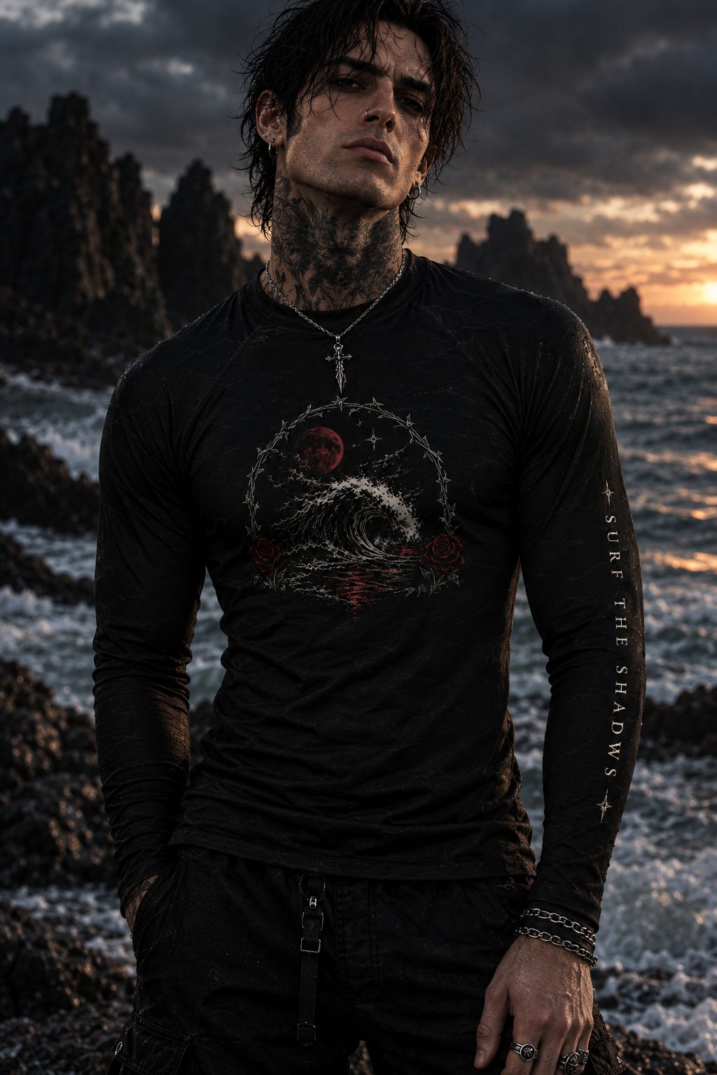 A surfer in the men's Night Session Rash Guard on a rocky shore at sunset, the arch scene on the chest