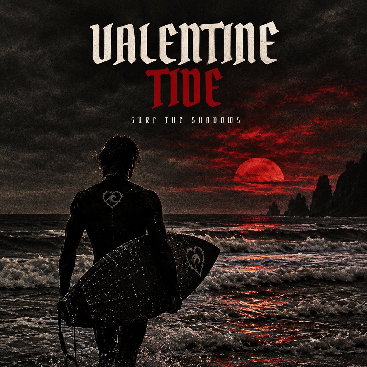 A surfer in silhouette walking into dark surf under a blood red sun