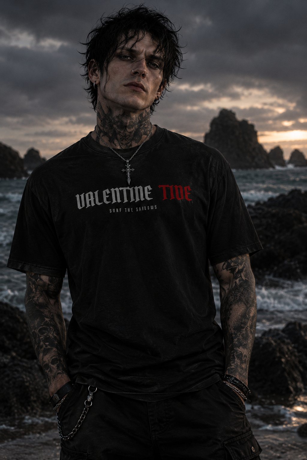 A surfer in the black Wordmark Tee on a dark rocky shore at dusk